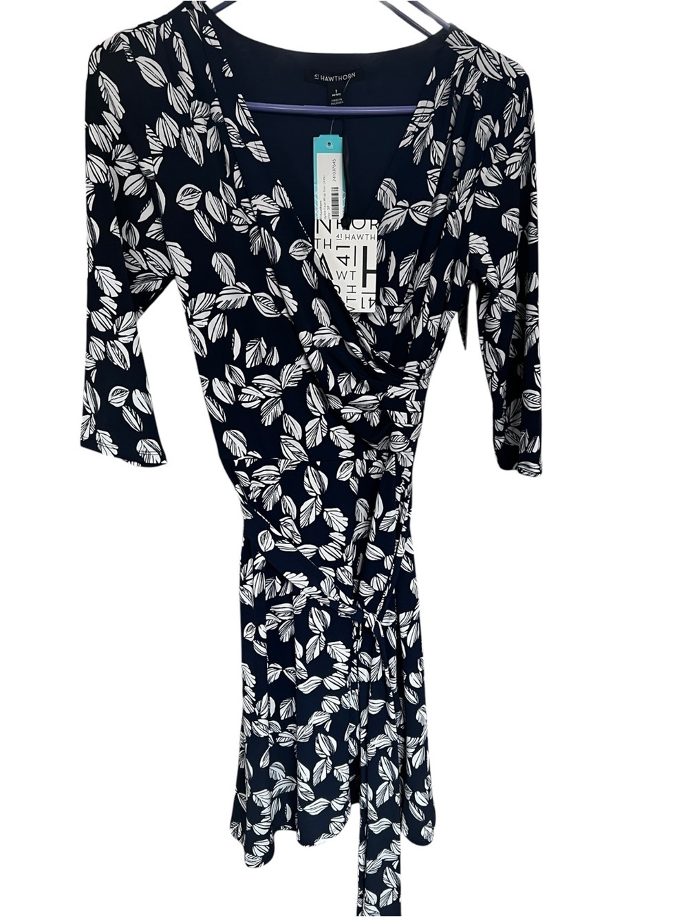 41 Hawthorn Navy & White Leaf Kaylee Faux Wrap Dress